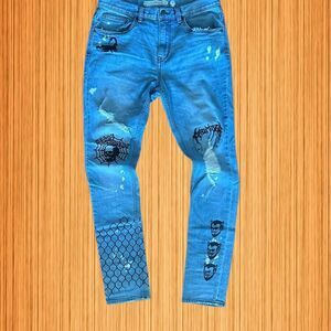 Broken Promises Distressed Jeans Barbwire Devil Skull screen printed